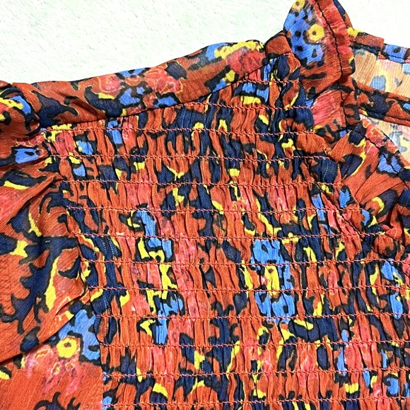 Greige Smocked Floral Blouse Fall Colors Women's Medium Long Sleeve Ruffle Top - Picture 12 of 16